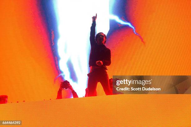 Skrillex performs onstage during the WELCOME! - Fundraising Concert Benefiting the ACLU at the Staples Center on April 3, 2017 in Los Angeles,...