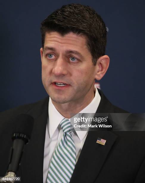 House Speaker Paul Ryan speaks during a media briefing after attending a closed House Republican conference, on Capitol Hill, on April 4, 2017 in...