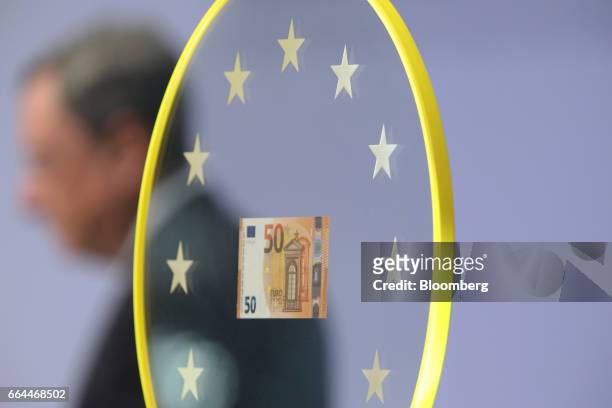 New 50 euro currency bank note is displayed during its unveiling at the European Central Bank headquarters in Frankfurt, Germany, on Tuesday, April...
