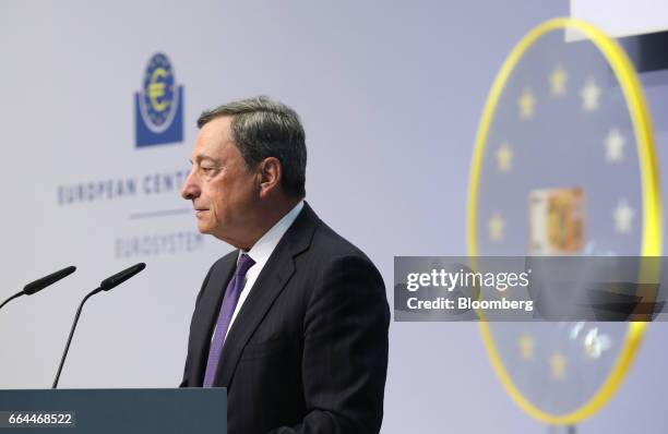 Mario Draghi, president of the European Central Bank , speaks as he unveils the new 50 euro currency bank note at the ECB headquarters in Frankfurt,...