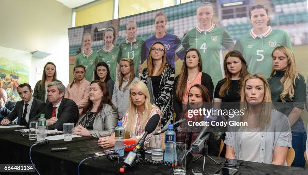 Dublin , Ireland - 4 April 2017; Republic of Ireland Women's National Team captain Emma Byrne, far right, alongside, seated from right, Aine...