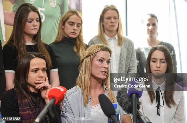 Dublin , Ireland - 4 April 2017; Republic of Ireland Women's National Team captain Emma Byrne, centre, speaks alongside Aine O'Gorman, left, Karen...