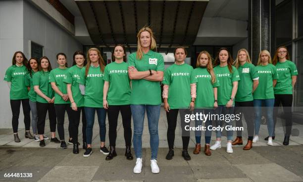 Dublin , Ireland - 4 April 2017; Republic of Ireland Women's National Team captain Emma Byrne, centre, with team-mates, from left, Karen Duggan, Aine...