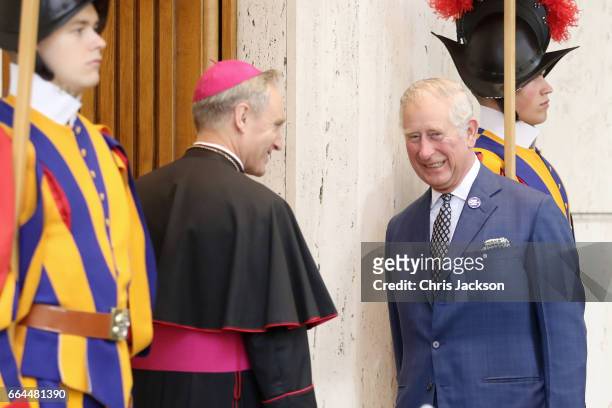 Prefect of the Papal Household Georg Gaenswein greets Prince Charles, Prince of Wales prior to the meeting with Pope Francis on April 4, 2017 in...