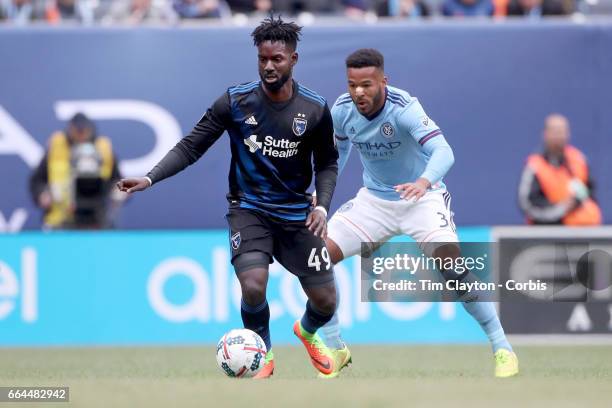 April 12: Simon Dawkins of San Jose Earthquakes defended by Ethan White of New York City FC during the New York City FC Vs San Jose Earthquakes...