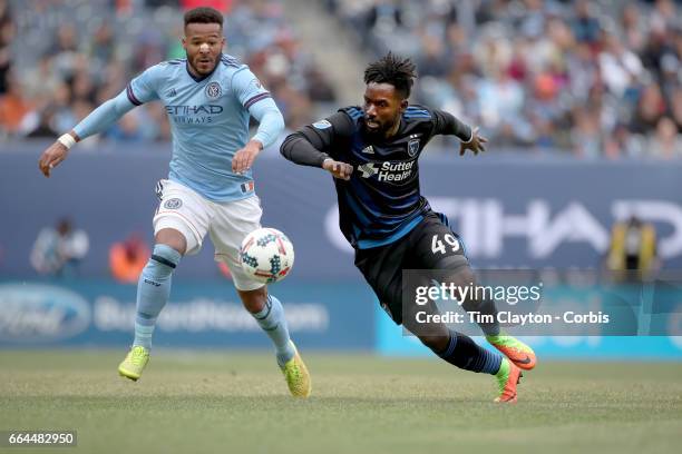 April 12: Simon Dawkins of San Jose Earthquakes defended by Ethan White of New York City FC during the New York City FC Vs San Jose Earthquakes...