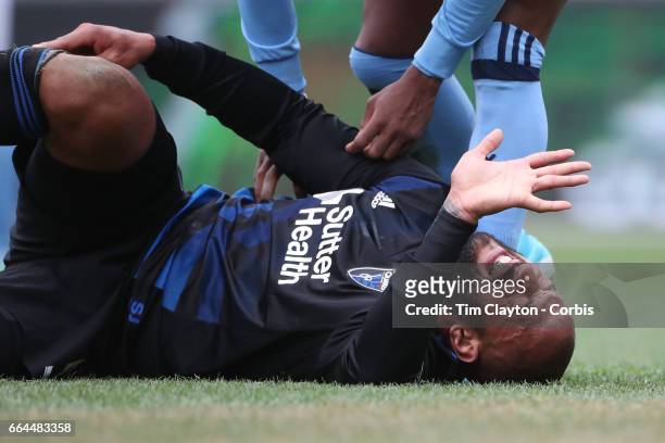 April 12: Victor Bernardez of San Jose Earthquakes reacts after a challenge from Rodney Wallace of New York City FC in action during the New York...