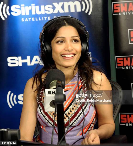 Freida Pinto visits 'Sway in the Morning' with Sway Calloway on Eminem's Shade 45 at SiriusXM Studios on April 4, 2017 in New York City.