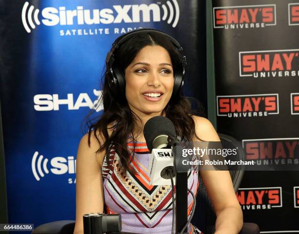 Freida Pinto visits 'Sway in the Morning' with Sway Calloway on Eminem's Shade 45 at SiriusXM Studios on April 4, 2017 in New York City.
