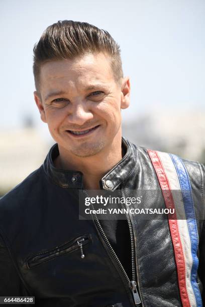 American actor Jeremy Renner, executive producer of "Knightfall" TV drama, poses during the MIPTV event in Cannes, southern France, on April 4, 2017.