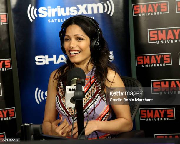 Freida Pinto visits 'Sway in the Morning' with Sway Calloway on Eminem's Shade 45 at SiriusXM Studios on April 4, 2017 in New York City.