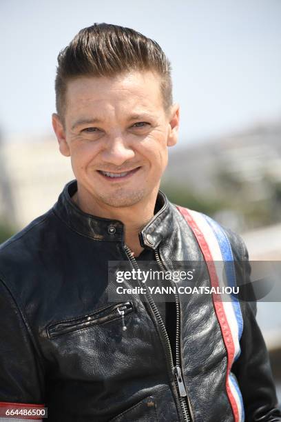 American actor Jeremy Renner, executive producer of "Knightfall" TV drama, poses during the MIPTV event in Cannes, southern France, on April 4, 2017.