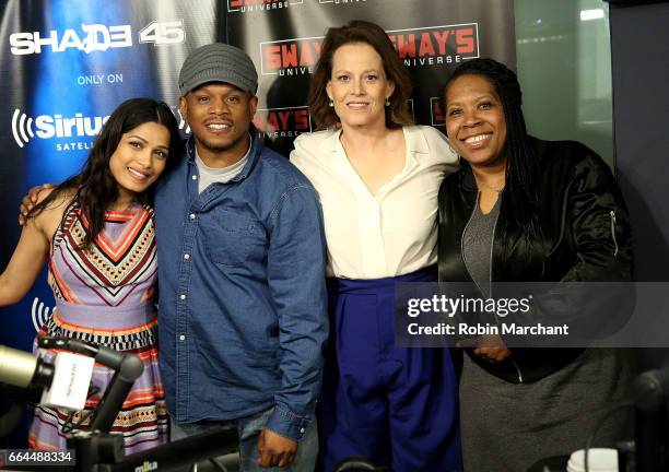 Freida Pinto, Sway Calloway, Sigourney Weaver and Heather B visit 'Sway in the Morning' with Sway Calloway on Eminem's Shade 45 at SiriusXM Studios...