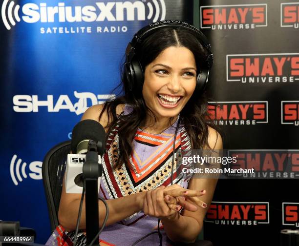 Freida Pinto visits 'Sway in the Morning' with Sway Calloway on Eminem's Shade 45 at SiriusXM Studios on April 4, 2017 in New York City.