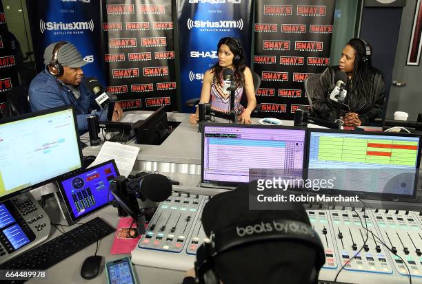 Sway Calloway, Freida Pinto, and Heather B visit 'Sway in the Morning' with Sway Calloway on Eminem's Shade 45 at SiriusXM Studios on April 4, 2017...