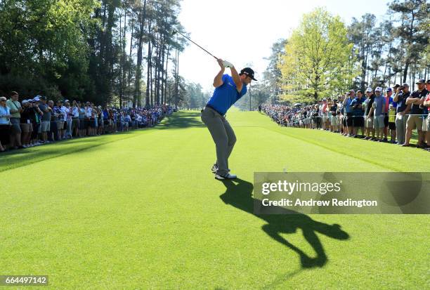 Jon Rahm of Spain plays his shot from the seventh tee during a practice round prior to the start of the 2017 Masters Tournament at Augusta National...