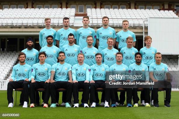 The Surrey CCC team pose in their T20 competition kit during the Surrey CCC Photocall at The Kia Oval on April 4, 2017 in London, England.