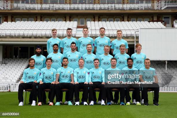 The Surrey CCC team pose in their T20 competition kit during the Surrey CCC Photocall at The Kia Oval on April 4, 2017 in London, England.