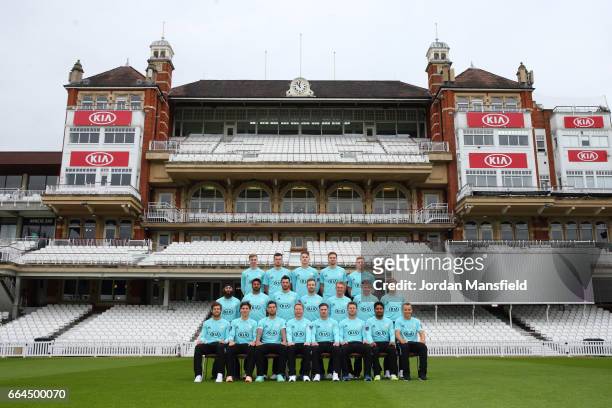 The Surrey CCC team pose in their T20 competition kit during the Surrey CCC Photocall at The Kia Oval on April 4, 2017 in London, England.