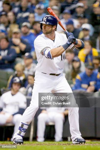 Kirk Nieuwenhuis of the Milwaukee Brewers bats in the sixth inning against the Colorado Rockies of the MLB Opening Day game at Miller Park on April...