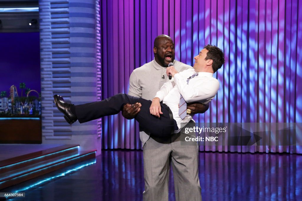 Basketball player Shaquille O'Neal and host Jimmy Fallon during Lip