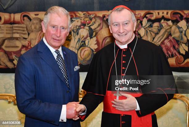 Prince Charles, Prince of Wales meets with Cardinal Pietro Parolin on April 4, 2017 in Vatican City, Vatican.