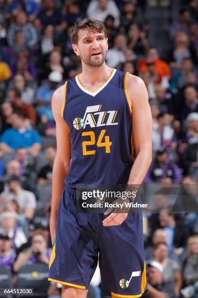 Jeff Withey of the Utah Jazz looks on during the game against the Sacramento Kings on March 29, 2017 at Golden 1 Center in Sacramento, California....