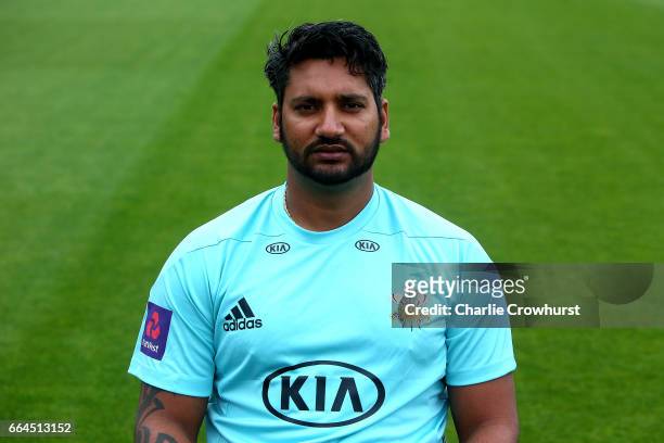 Ravi Rampaul poses in the NatWest T20 Blast kit during the Surrey CCC Photocall at The Kia Oval on April 4, 2017 in London, England.