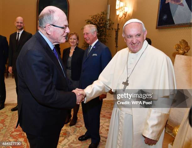 Pope Francis meets Arthur Edwards , Royal photographer for The Sun as Charles, Prince of Wales and Camilla, Duchess of Cornwall visit the Vatican on...