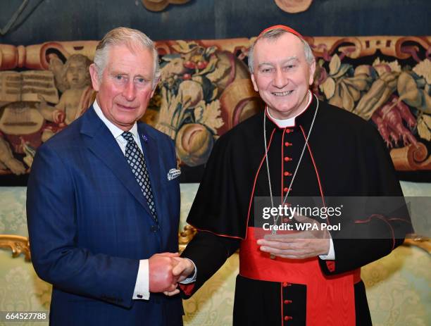 Pope Francis meets Cardinal Pietro Parolin during his visit to the Vatican on April 4, 2017 in Vatican City, Vatican.