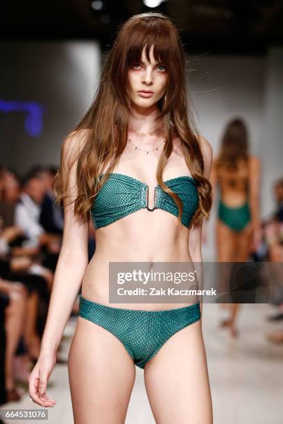 Model showcases designs by WILD PONY SWIMWEAR during the Fashion Palette Sydney Spring/Summer 2017/18 show at Art Gallery Of NSW on April 4, 2017 in...