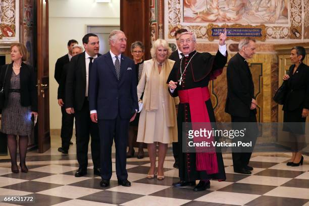 Prince Charles, Prince of Wales and Camilla, Duchess of Cornwall visit the Apostolic library on April 4, 2017 in Vatican City, Vatican. Prince of...