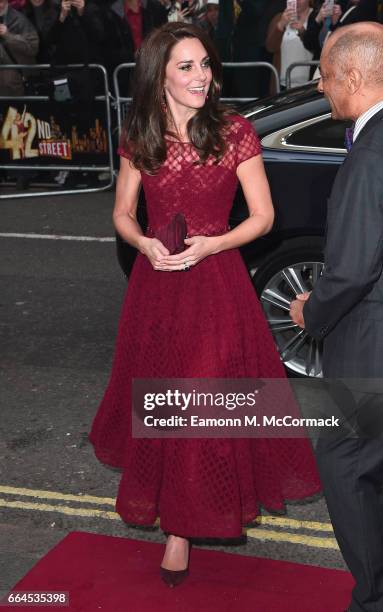 Catherine, Duchess of Cambridge attends the opening night of "42nd Street" at Theatre Royal on April 4, 2017 in London, England. The opening night is...