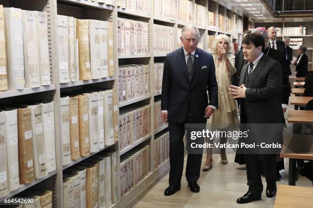 Prince Charles, Prince of Wales and Camilla, Duchess of Cornwall visit the Vatican Apostolic Library before a private audience with Pope Francis at...