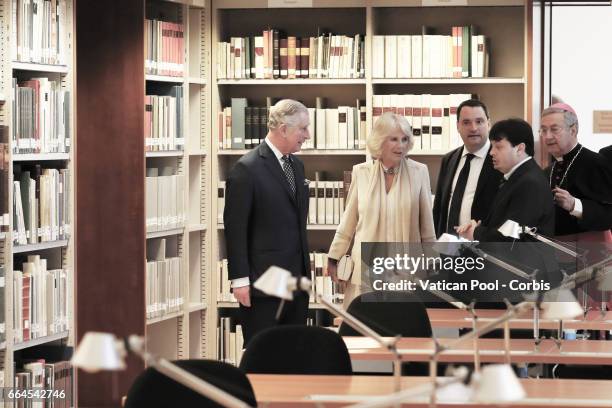 Prince Charles, Prince of Wales and Camilla, Duchess of Cornwall visit the Vatican Apostolic Library before a private audience with Pope Francis at...