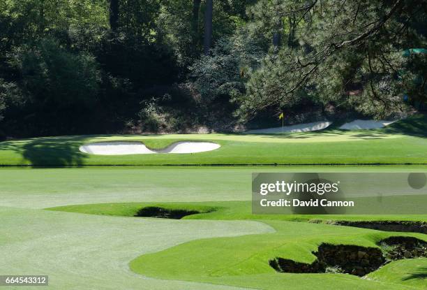 General view of the 12th green is seen during a practice round prior to the start of the 2017 Masters Tournament at Augusta National Golf Club on...