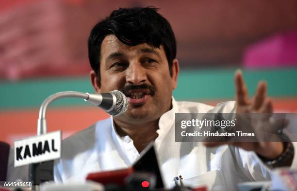 Delhi BJP President Manoj Tiwari addresses media persons on the issue of Delhi MCD election at Delhi BJP Office on April 4, 2017 in New Delhi, India.