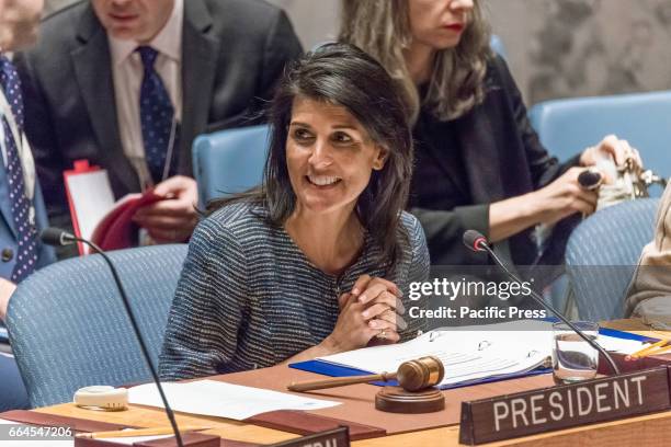 Ambassador Nikki Haley is seen in the Security Council Chamber. The United Nations Security Council held a meeting regarding the UN...