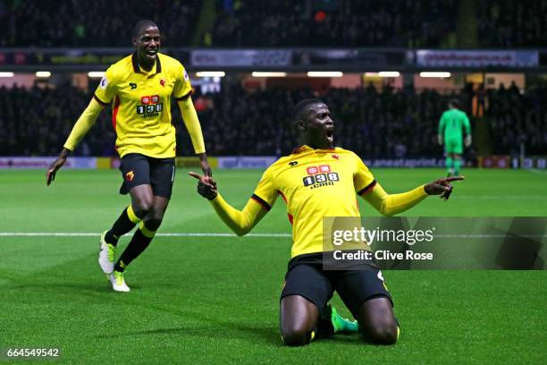 Baye Niang of Watford celebrates scoring his sides first goal during the Premier League match between Watford and West Bromwich Albion at Vicarage...