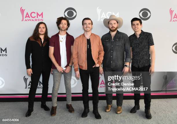 Musicians Tripp Howell, Eric Steedly, Brandon Lancaster, Jared Hampton and Chandler Baldwin of LANco attend the 52nd Academy of Country Music Awards...