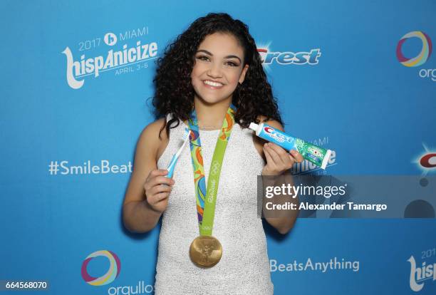 Olympic gymnastics champion and season 23 'Dancing With the Stars' winner Laurie Hernandez poses during a press conference to unveil first-ever Crest...