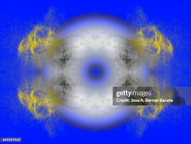 explosion of water drops of  colors gray and white, floating in the air  on a blue background - satén foto e immagini stock