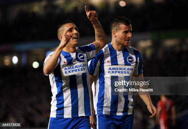 Tomer Hemed of Brighton and Hove Albion celebrates scoring his sides second goal with Anthony Knockaert of Brighton and Hove Albion during the Sky...