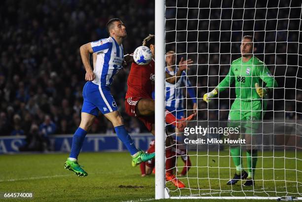 Tomer Hemed of Brighton and Hove Albion scores his sides second goal during the Sky Bet Championship match between Brighton & Hove Albion and...