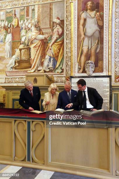 Prince Charles, Prince of Wales and Camilla, Duchess of Cornwall visit the Apostolic library on April 4, 2017 in Vatican City, Vatican. Prince of...