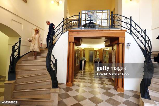 Prince Charles, Prince of Wales and Camilla, Duchess of Cornwall visit the Vatican Secret Archives and the Apostolic library on April 4, 2017 in...