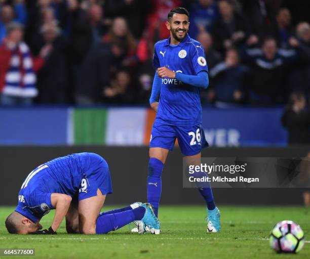 Islam Slimani of Leicester City celebrates scoring his sides first goal during the Premier League match between Leicester City and Sunderland at The...