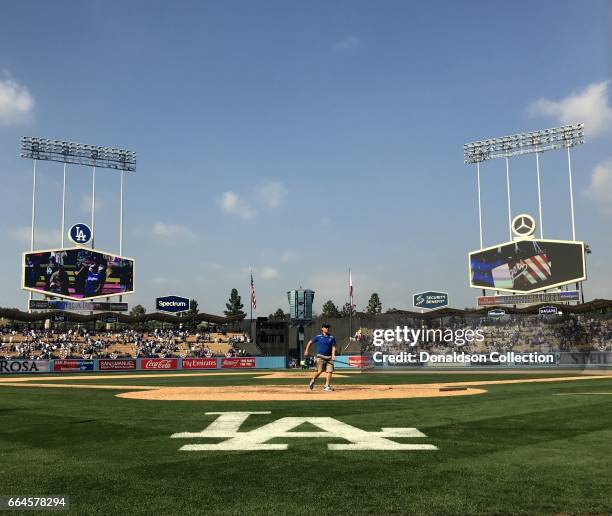 View of the interior of Dodger Stadium after the Dodgers beat the Padres on opening day of the 2017 season April 3, 2017 with a score of 14-3 at...