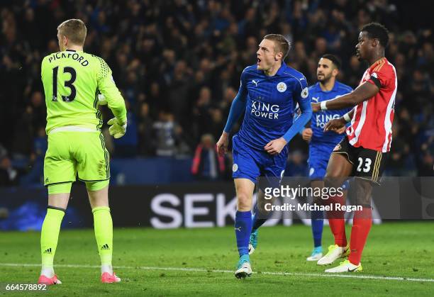 Jamie Vardy of Leicester City celebrates scoring his sides second goal during the Premier League match between Leicester City and Sunderland at The...