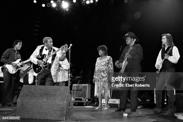 King with Buddy Guy, Junior Wells, Koko Taylor, Lonnie Brooks, and Eric Johnson performing at the Paramount Theater in New York City on August 10,...